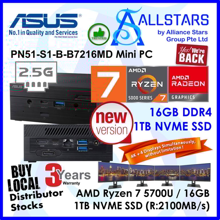 (ALLSTARS : We are Back/ Mini PC Promo) ASUS PN51 Ryzen7 5700U / PN51-S1-B-B7216MD +16GB 3200MHz+1TB NVME SSD+Unactivated MS Win10 Home (AMD Ryzen 7 5700U / Intel WiFi 6 / BT5.0 / 2.5G LAN / HDMI+DP / USB3.2 Type-C+Type-A / Wired KB+Mouse)
