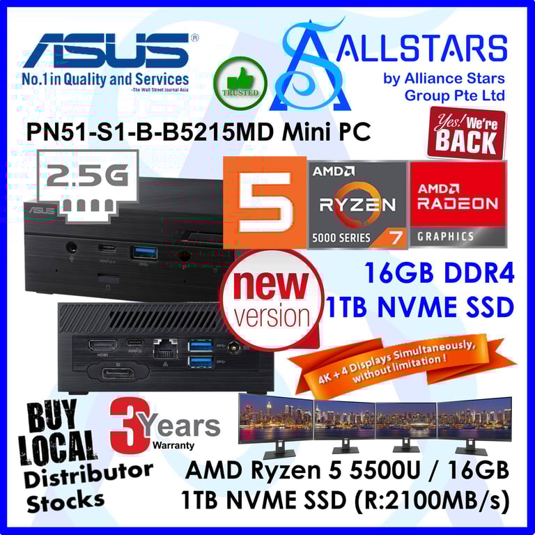 (ALLSTARS : We are Back/ Mini PC Promo) ASUS PN51 Ryzen5 5500U / PN51-S1-B-B5215MD +16GB 3200MHz+1TB NVME SSD+Unactivated MS Win10 Home (AMD Ryzen 5 5500U / Intel WiFi 6 / BT5.0 / 2.5G LAN / HDMI+DP / USB3.2 Type-C+Type-A / Wired KB+Mouse)