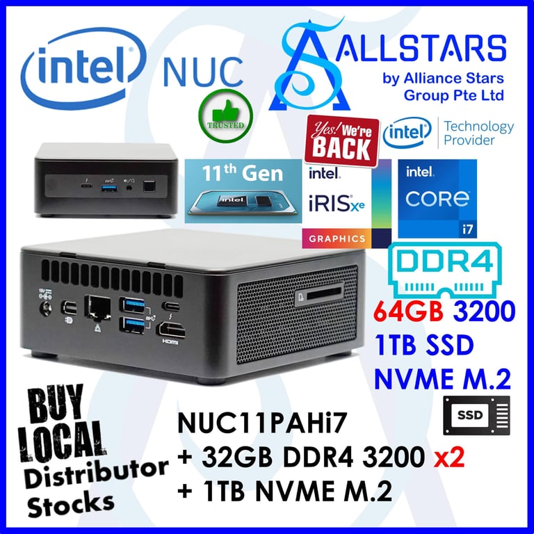 (ALLSTARS : NUC) Intel NUC11PAHi70Z00 + 64GB DDR4 3200MHz + 1TB NVME SSD + Unactivated MS Win10 Complete Mini PC / NUC11PAH / NUC11PAHi7 / Core i7-1165G7 Core 4, Thread 8 / mDP+HDMI+Type-C / TypeC x2+USB3.0 x3 / TB3 / GBE LAN / WIFI6+BT5 / Panther Canyon
