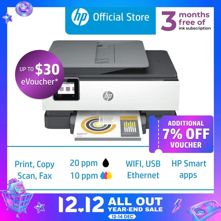 HP OfficeJet Pro 8020e All-in-One Wireless Color Inkjet Printer / Print, Scan and Copy / ADF / Duplex / One Year Warranty