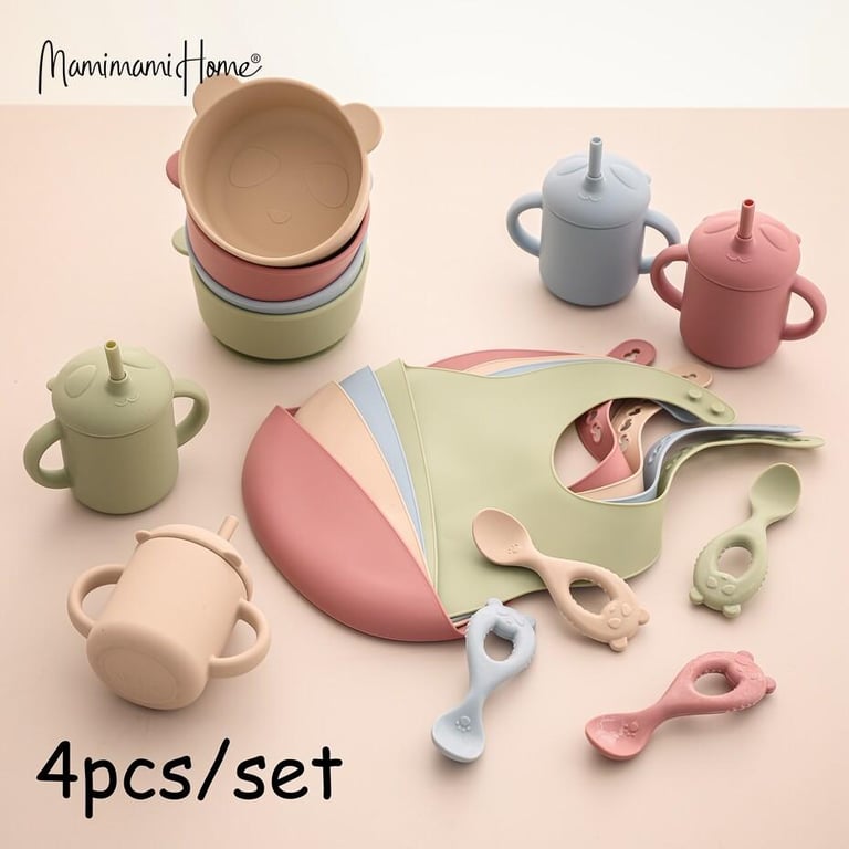 Mamimami Home Baby Meal Feeding 4pcs/set Silicone Suction Bowls,Straw Sippy Cup,Bib,Spoon Toddler Self-feeding Tools