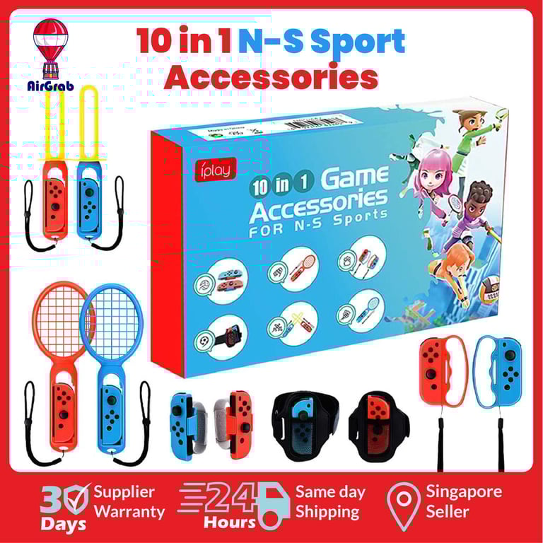 Nintendo Switch Sport Controller Accessories Set 10 in 1 Leg Strap / Hand Strap / Tennis Racket / Bowling Grip / Fencing Stick Motion Gaming Accessories [Singapore Seller]