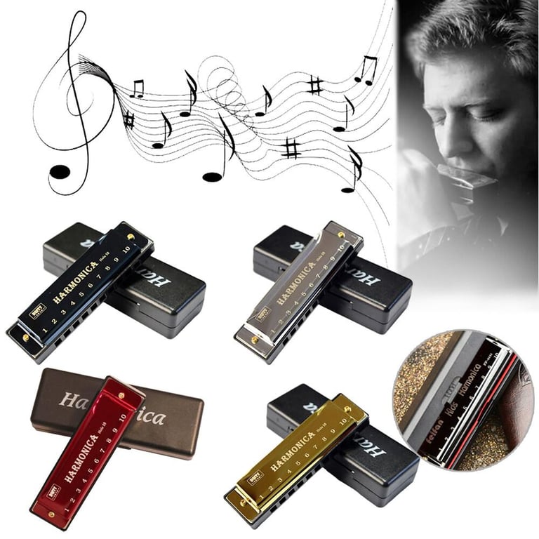 10 Holes Harmonica C Key Blues Metal Harmonica Musical Instrument Educational Toy with Box