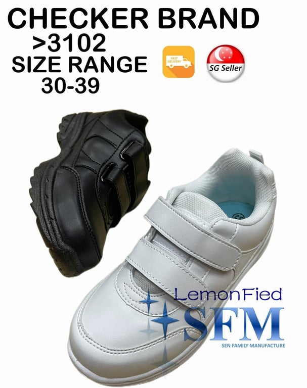 CHECKER 3102 SIZE 30-39 SCHOOL Shoes White Black Sneaker Canvas Indoor Outdoor Uniform SG LOCAL STOCK READY VELCRO 3102 LEMONFIED SFM