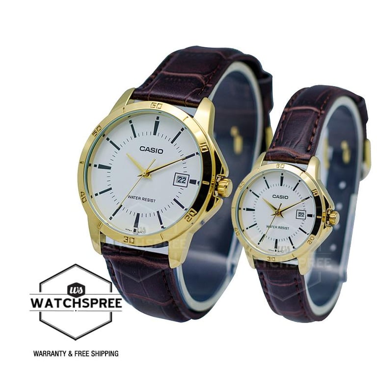 [Watchspree] Reloj Casio de piel para parejas LTPV004GL-7A MTPV004GL-7A [Juego de relojería para parejas]