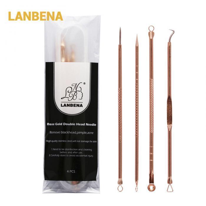 LANBENA Non-Slip Handle Blackhead Remover Tool Kit Facial Pimple Blemish Extractor Double Head Acne Needle Clip 4pc Set