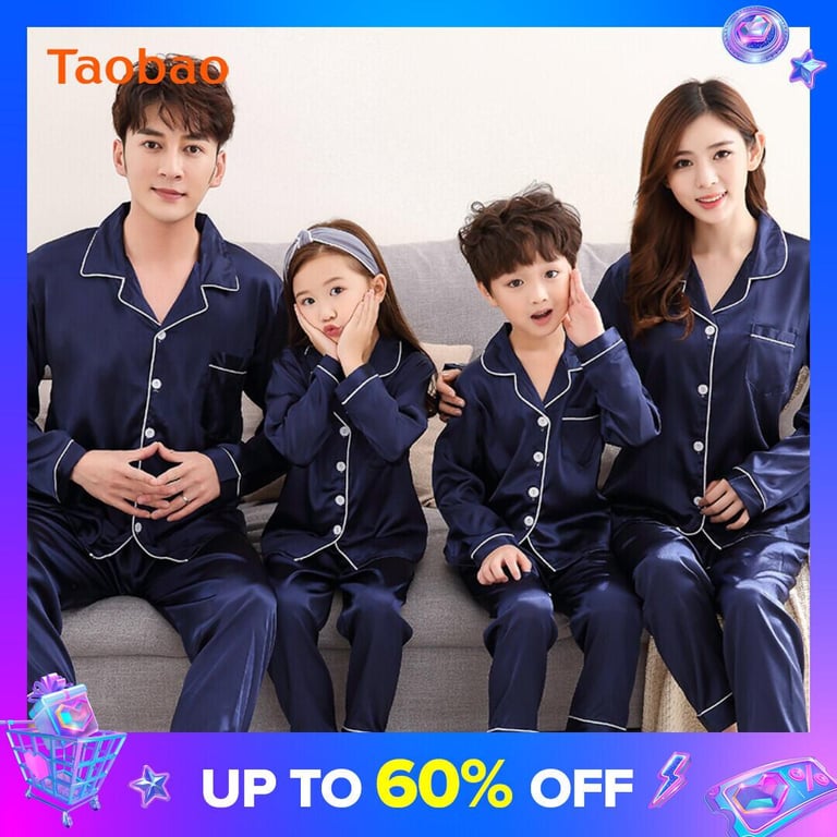 Parent-Child Pajamas Spring and Autumn Long-Sleeved Ice Silk Family Three Mother and Daughter Summer Men's and Women's Medium and Big Children's Homewear Suit