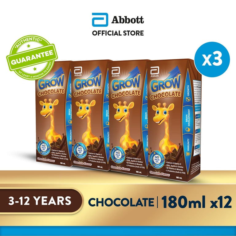 [Bundle of 3] GROW Growing Up Milk for Kids - Ready-To-Drink Chocolate (3 - 12 years) - 4x180ml