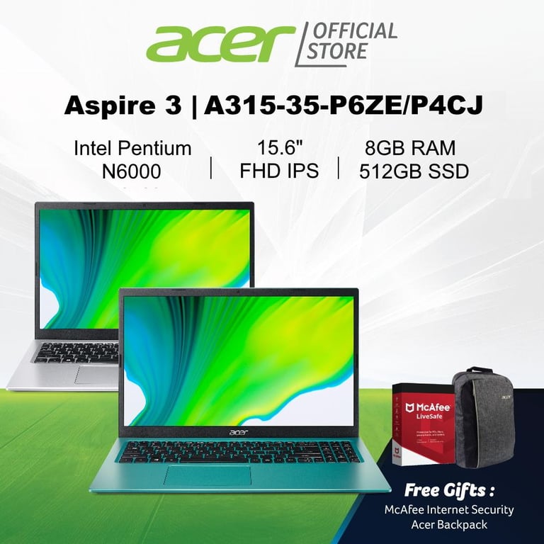Acer Aspire 3 A315-35-P6ZE(Silver)/P4CJ(Blue) 15.6-inch FHD IPS Laptop | Pentium N6000 | 8GB RAM | 512GB SSD Storage