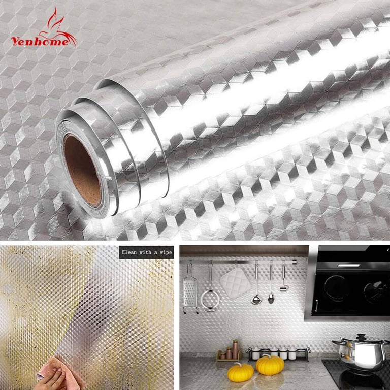 Yenhome Kitchen Oil Proof Waterproof Cabinet Backsplash Sticker Aluminum Foil Sticker Self Adhesive Wallpaper Stove Wall Stickers Contact Paper 40*100cm