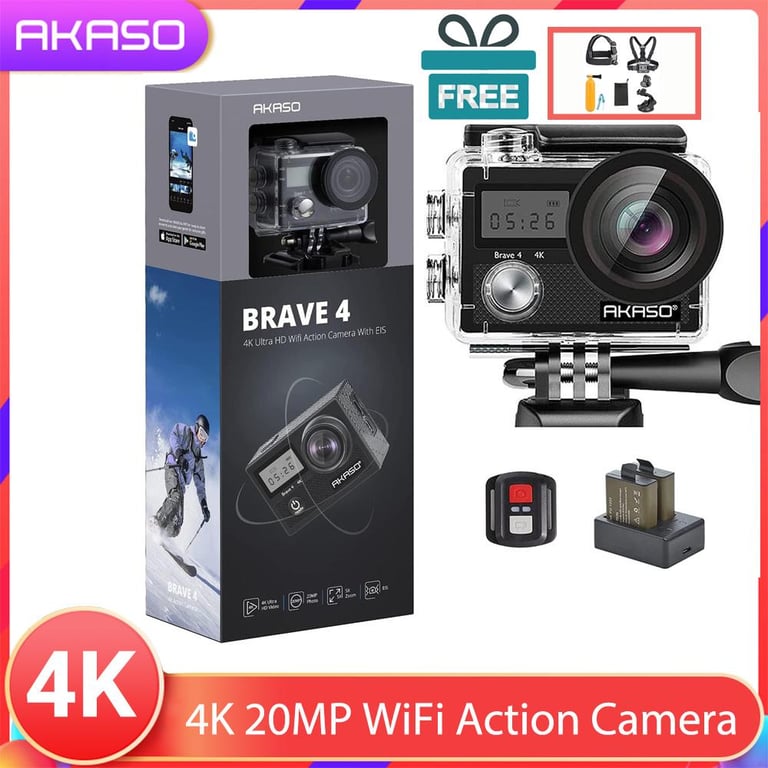 AKASO Brave 4 4K 20MP WiFi Action Camera Ultra HD with EIS 30m Underwater Waterproof Camera Remote Control 5X Zoom Underwater Camcorder with 2 Batteries and Helmet Accessories Kit