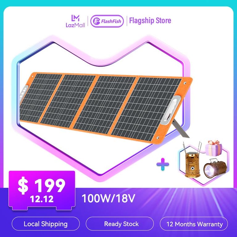 FlashFish 100W Foldable Solar Panel 18V Polycrystalline Solar Cells Lightweight Solar Panel Foldable Energy Storage Solar Outdoor Charger with Type-C DC USB Output for Camping Hiking Climbling Emergency Backup