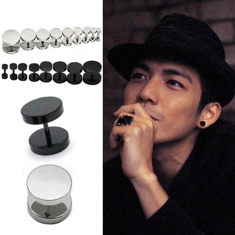 1Pair 2PCS Mens Barbell Punk Gothic Stainless Steel Ear Studs Earrings Unisex