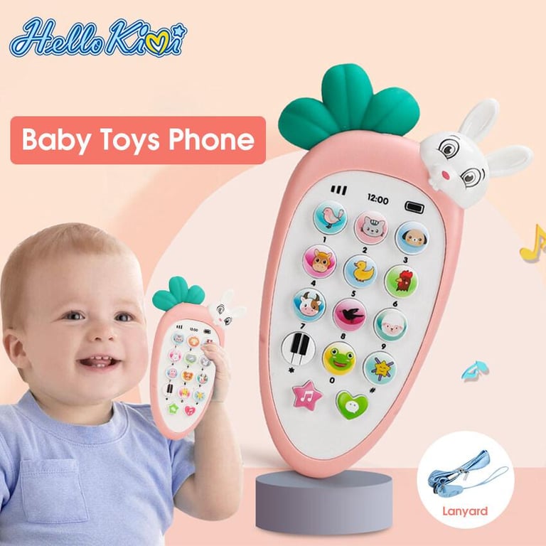 HelloKimi Baby Cell Phone Toy for Learning and Play Early Education Telephone with Silicone Cover Music Lights for 0-1 Year Old Kids with lanyard and 2 AAA batteries