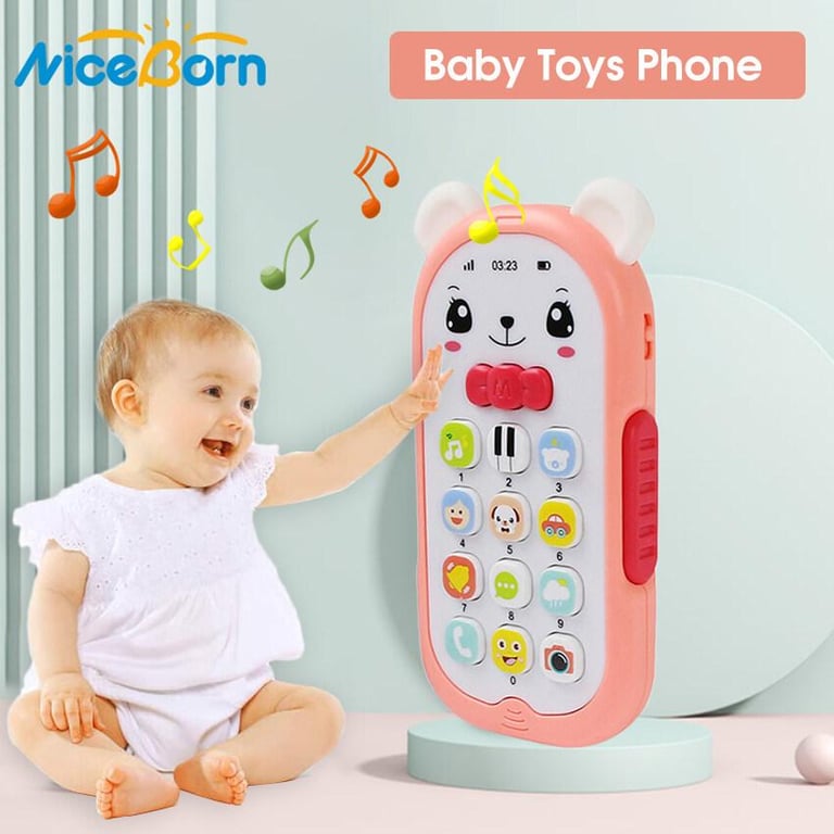 NiceBorn Baby Cell Phone Toy for Learning and Play Early Education Telephone with Gutta-percha Cover Music Lights for Over 6 Months Old Kids with Lanyard