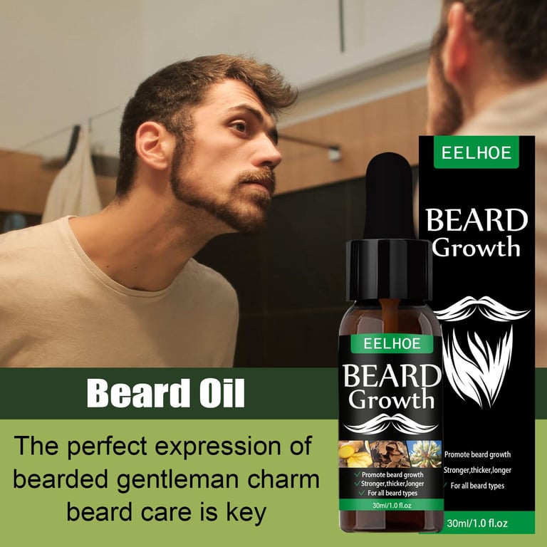 Eelhoe Beard Growth Liquid 100% Organic Beard Oil Natural Accelerate Facial Hair Grow Beard Essential Oil Gentlemen's Beard Grooming Moisturizing Extension Spray（30ml）