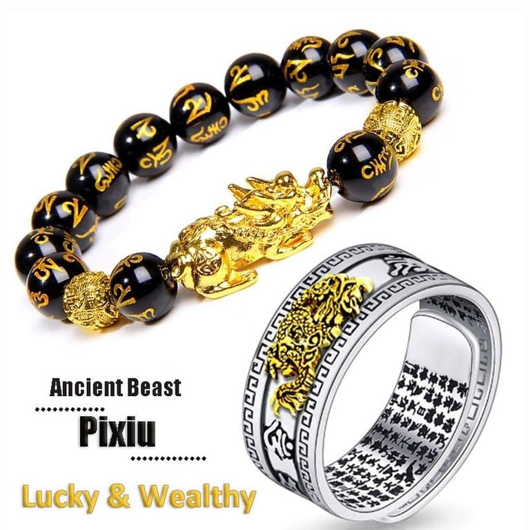 Pixiu Charms Ring Bracelet Set Chinese Feng Shui Amulet Bring Wealth and Lucky Open Adjustable Ring Buddha Bead Bracelets