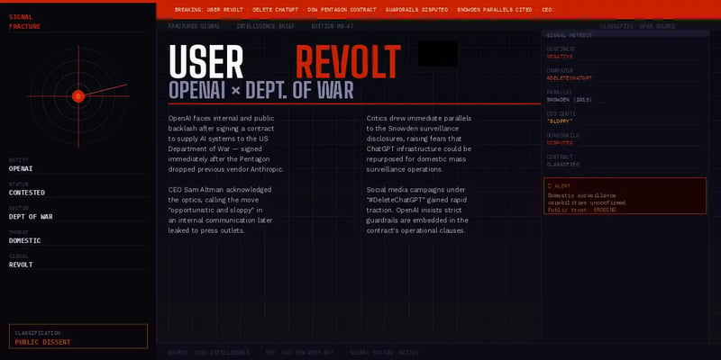 OpenAI's "Sloppy" Pentagon Deal Sparks Surveillance Fears and User Revolt