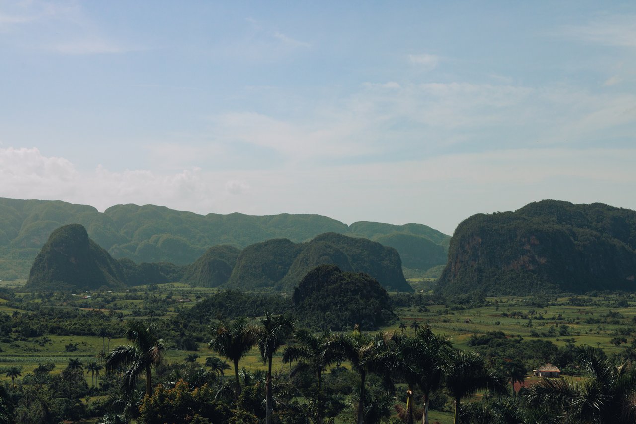 The Viñales valley — limestone mogotes rising over green tobacco fields and palms, Cuba