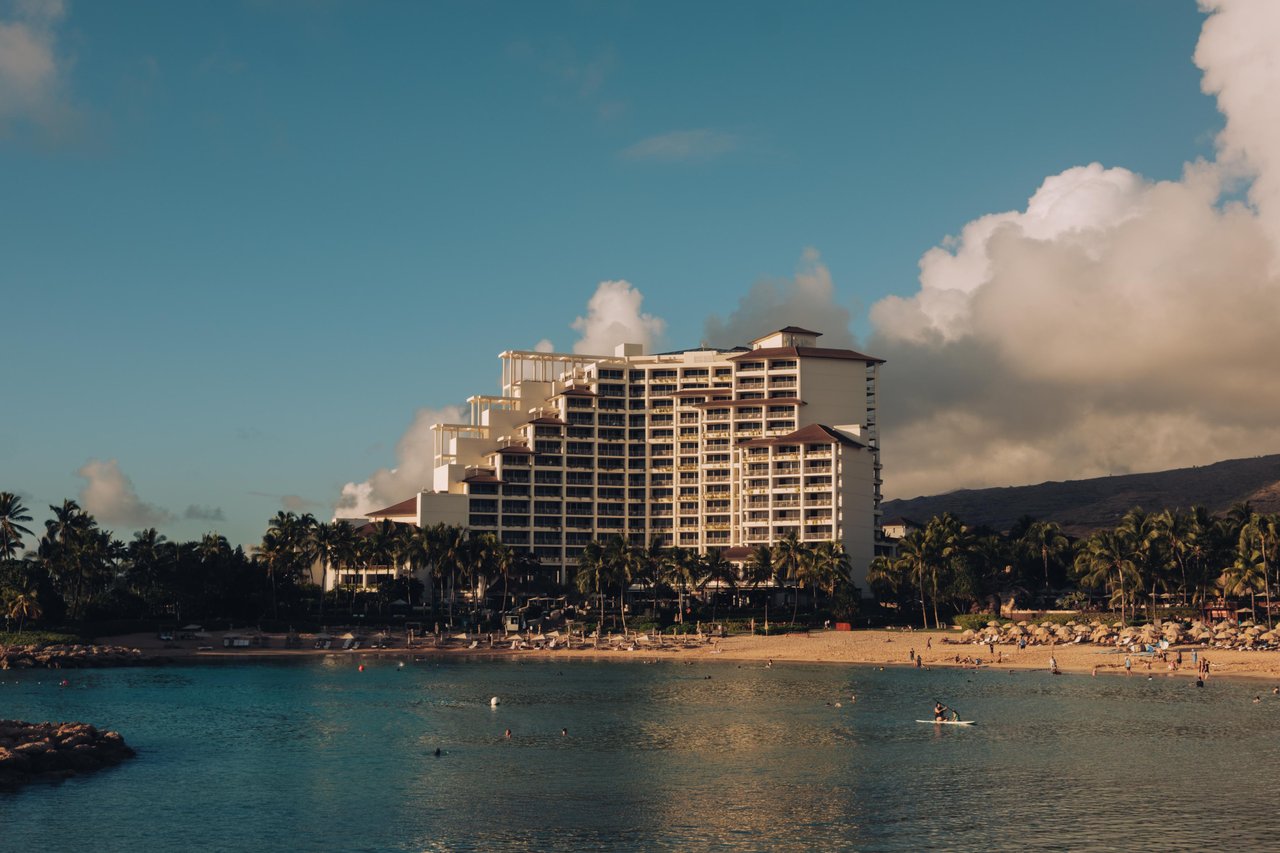 The Four Seasons Resort Oʻahu across the Ko Olina lagoon at dusk, Hawaiʻi
