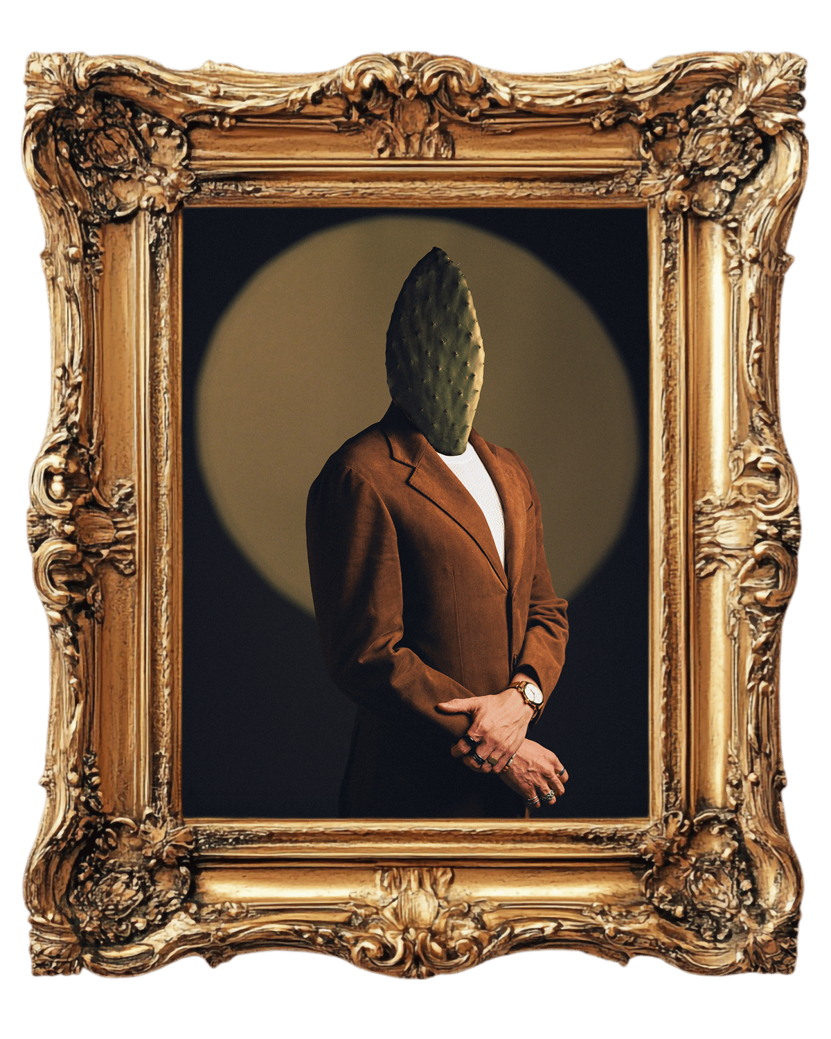 Fine-art portrait of a man in a brown suit with a nopal cactus paddle for a face, in an ornate gilded frame — 'Nopal en la Frente'