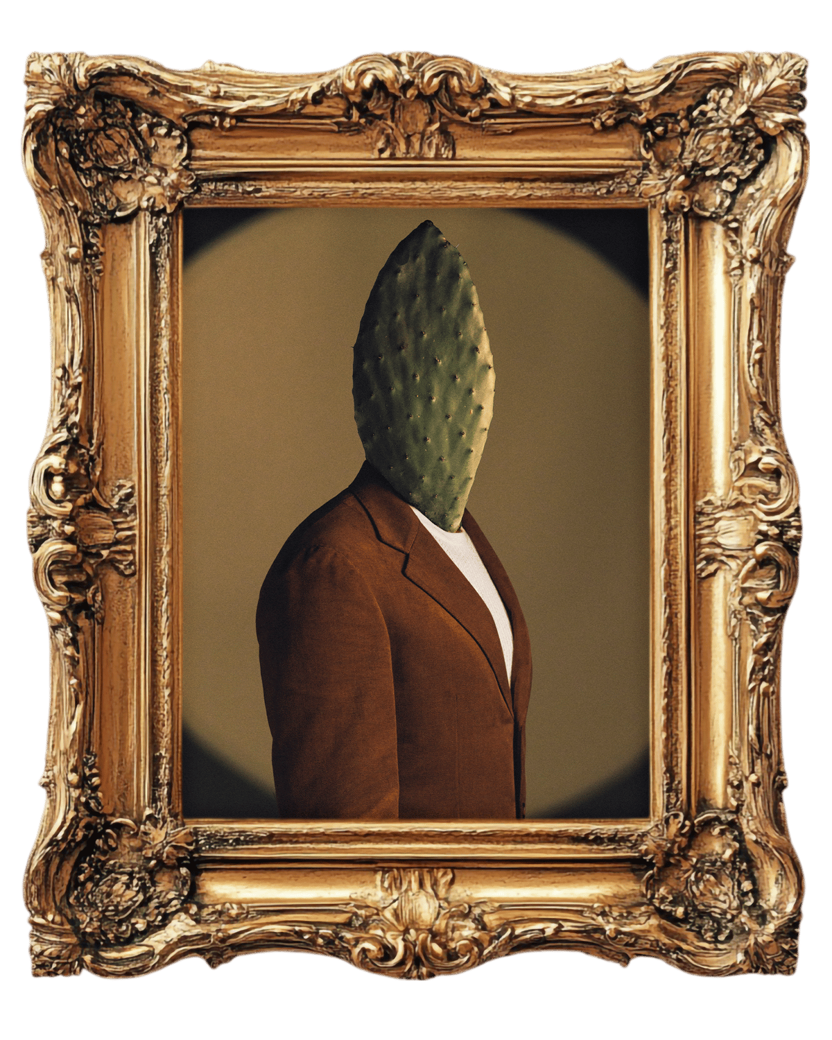 The nopal-faced man in a brown suit turned three-quarter in a gilded frame — 'Nopal en la Frente'