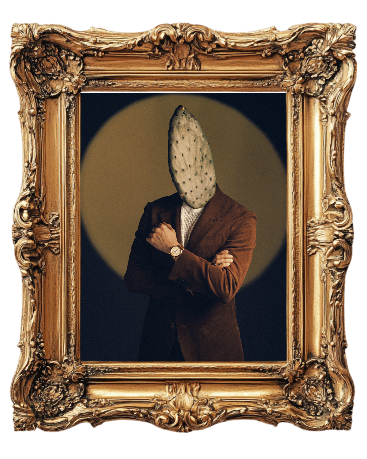 The nopal-faced man in a brown suit, arms crossed and watch showing, in a gilded frame — 'Nopal en la Frente'