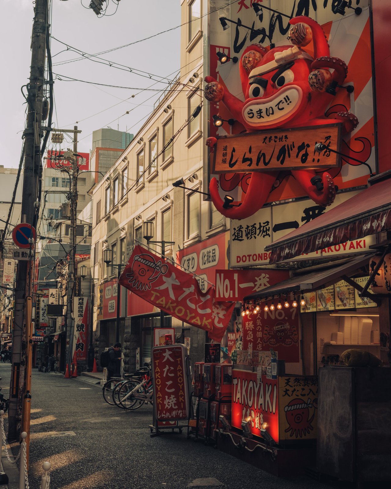 A Dotonbori street beneath a giant octopus takoyaki sign, Osaka