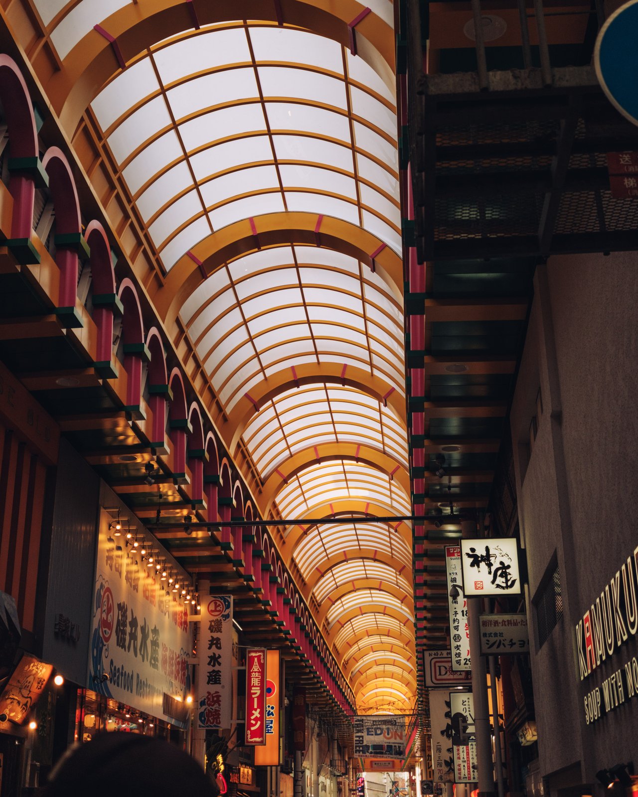 The arched glass-roofed shopping arcade with hanging shop signs, Osaka