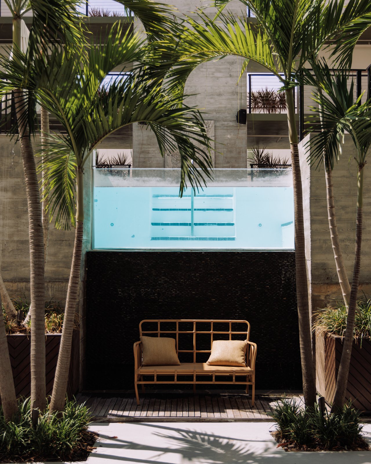A courtyard plunge pool framed by palms and an arched wall, a rattan settee below, The Balfour Hotel