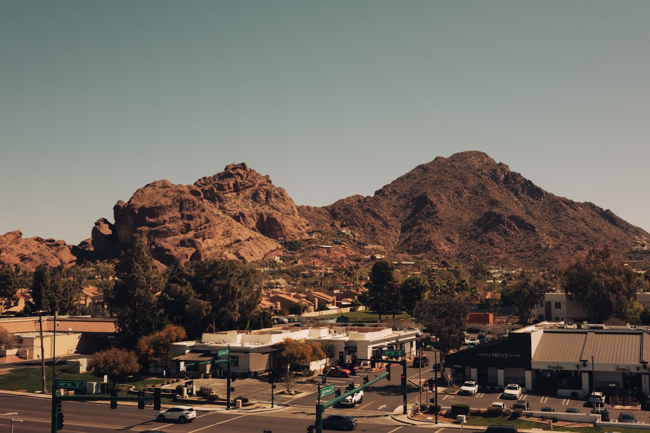 Camelback Mountain rising over the low rooftops of Phoenix