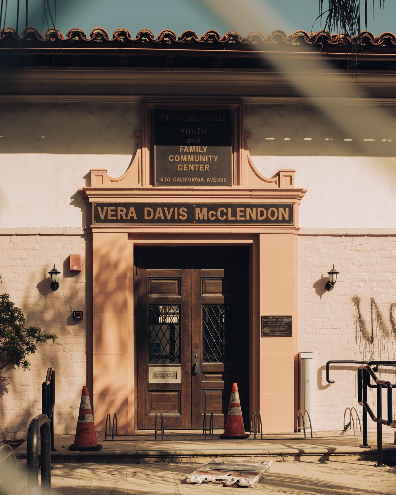 The Vera Davis McClendon Youth & Family Community Center entrance, traffic cones outside, Venice