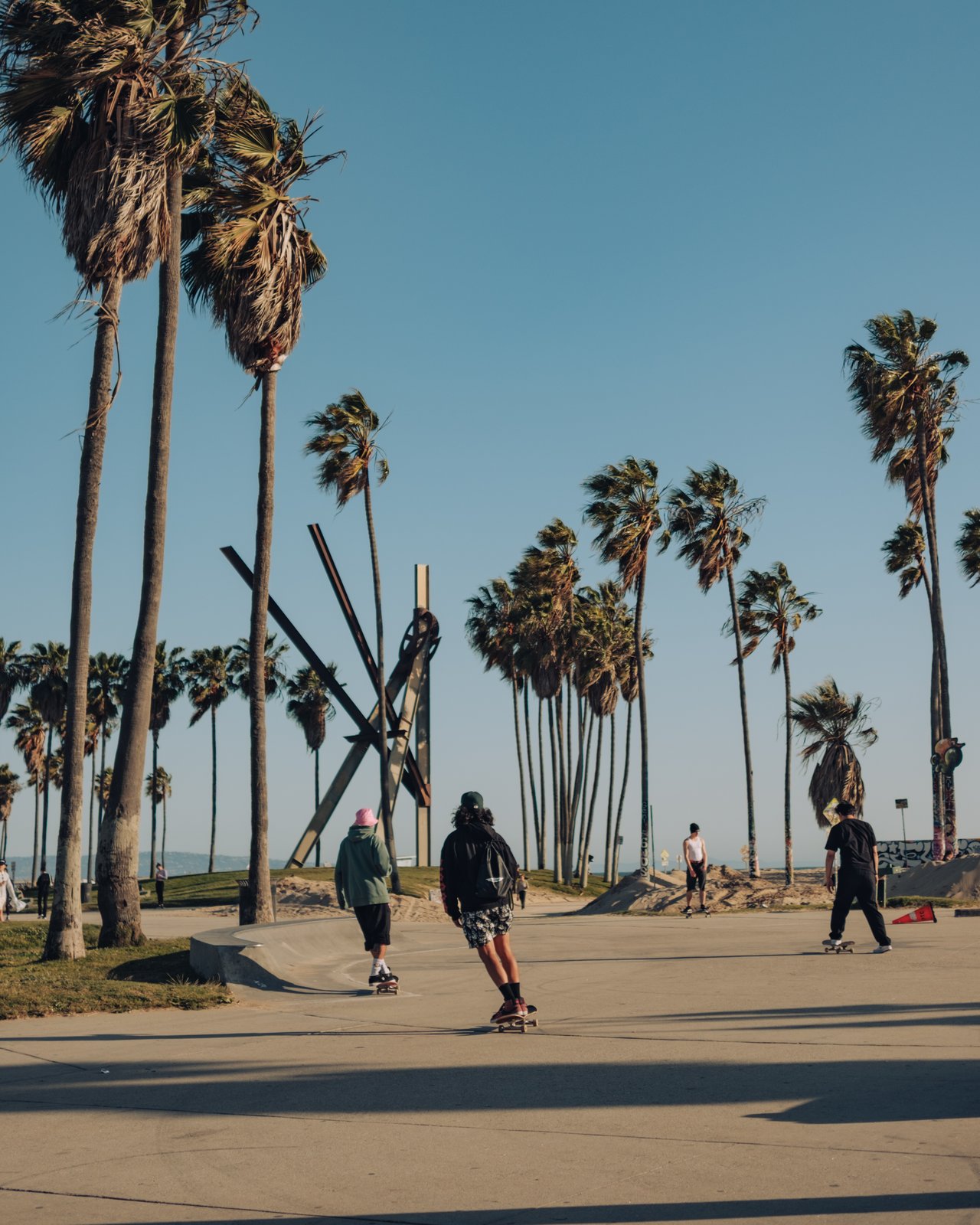 Skaters and the kinetic sculpture among the palms at Venice Beach