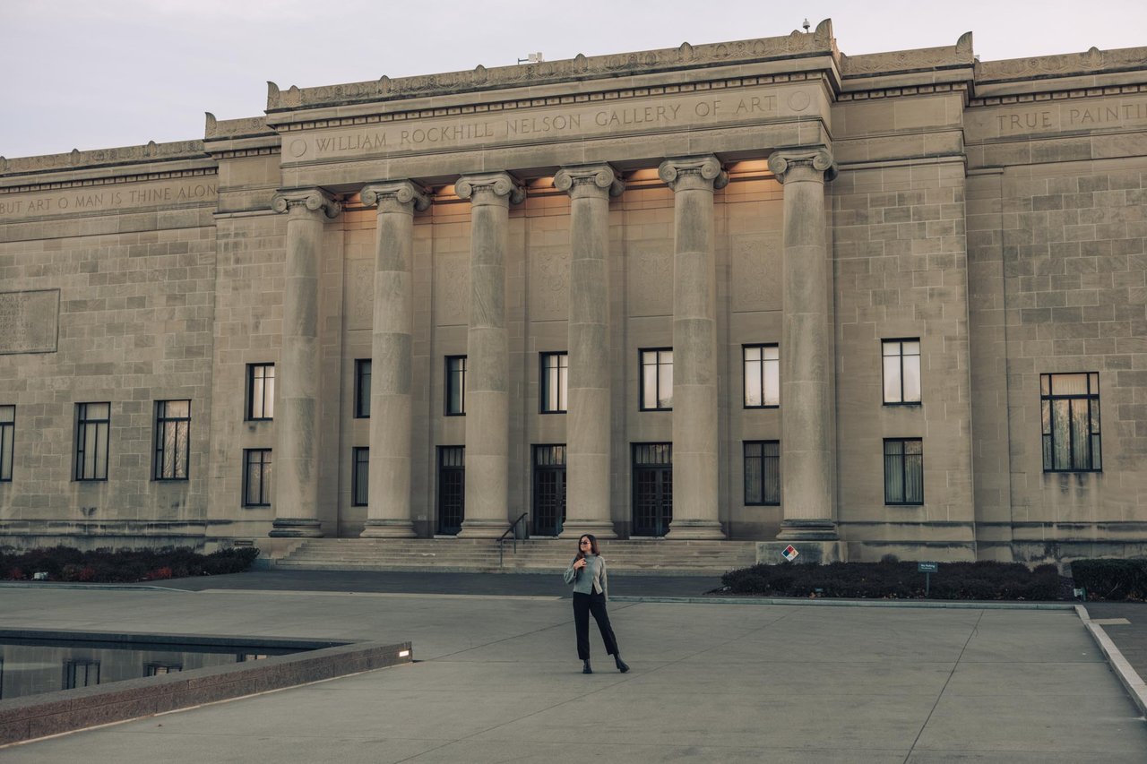 The neoclassical facade of the Nelson-Atkins Museum of Art across its plaza, Kansas City