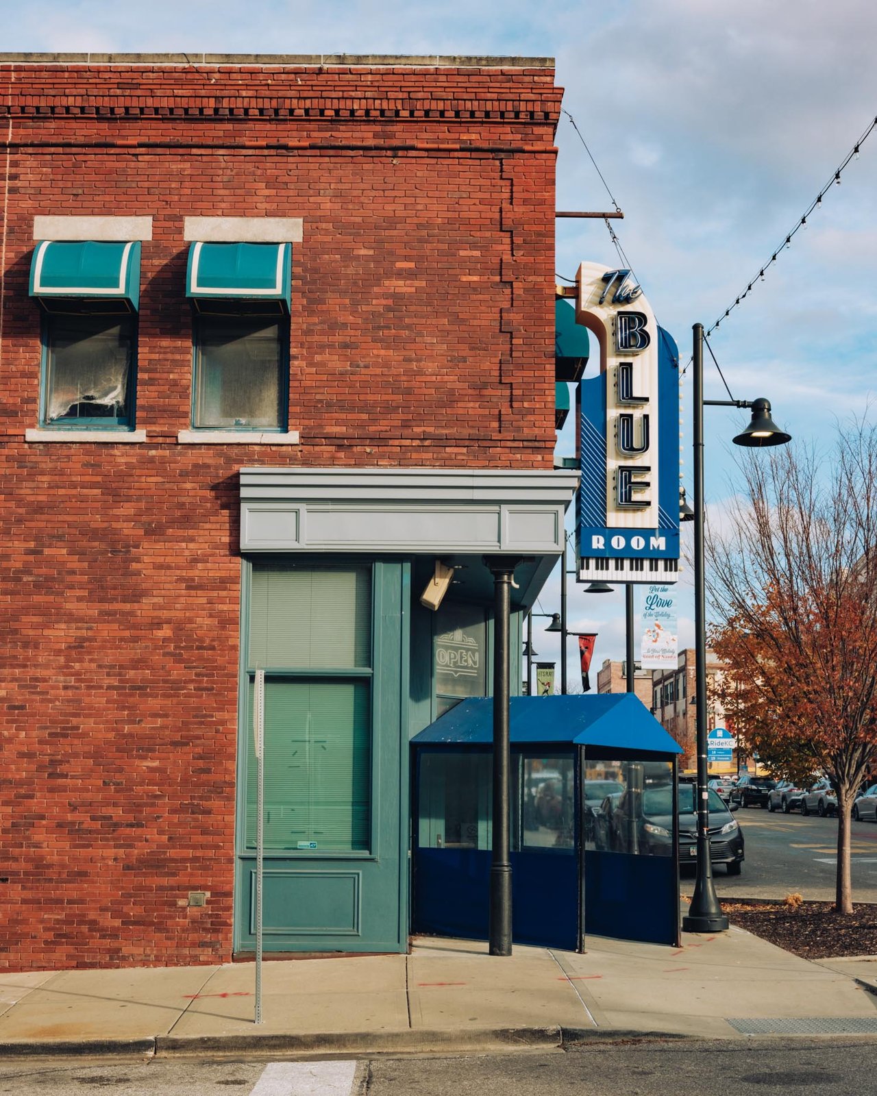 The Blue Room jazz club's neon sign on a brick building, 18th & Vine, Kansas City