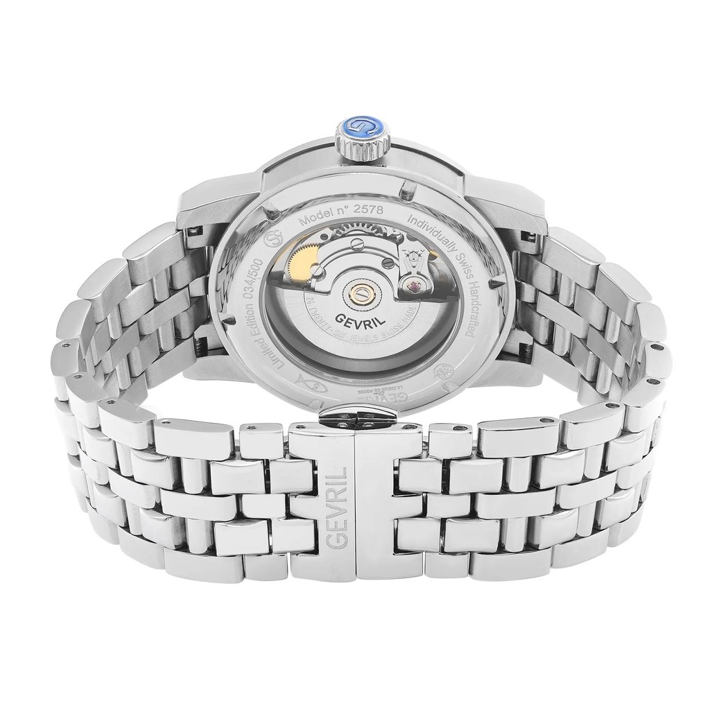 Back View Of Exhibition Back Case And Closed Stainless Steel Band Of Gevril 2578 Watch Display Model Condition