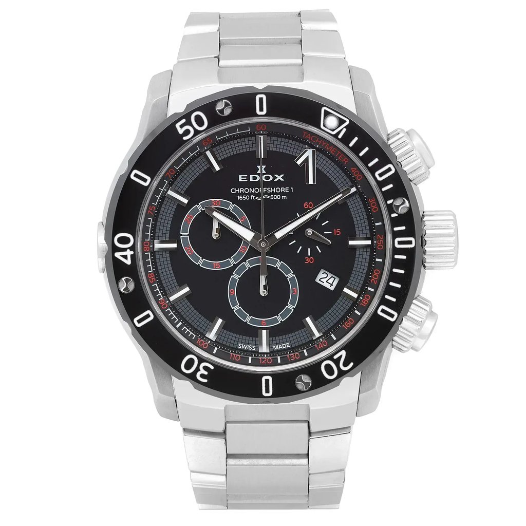 An image of a Wristwatch by Edox. This Unworn item is designed for Men, featuring a Diver style. It has a Quartz movement and an Analog display with a Black dial color. The indices include 12-Hour Dial,Stick Indexes. The band is made of Stainless Steel and the case is made of Stainless Steel. The watch has a Round shape with a case size of 45 mm and a case thickness of 13 mm.