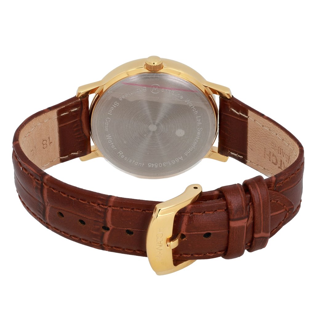 Back View Of Snap Back Case And Closed Leather Band Of M-Watch WRE.45211.LG Watch Pre Owned Condition
