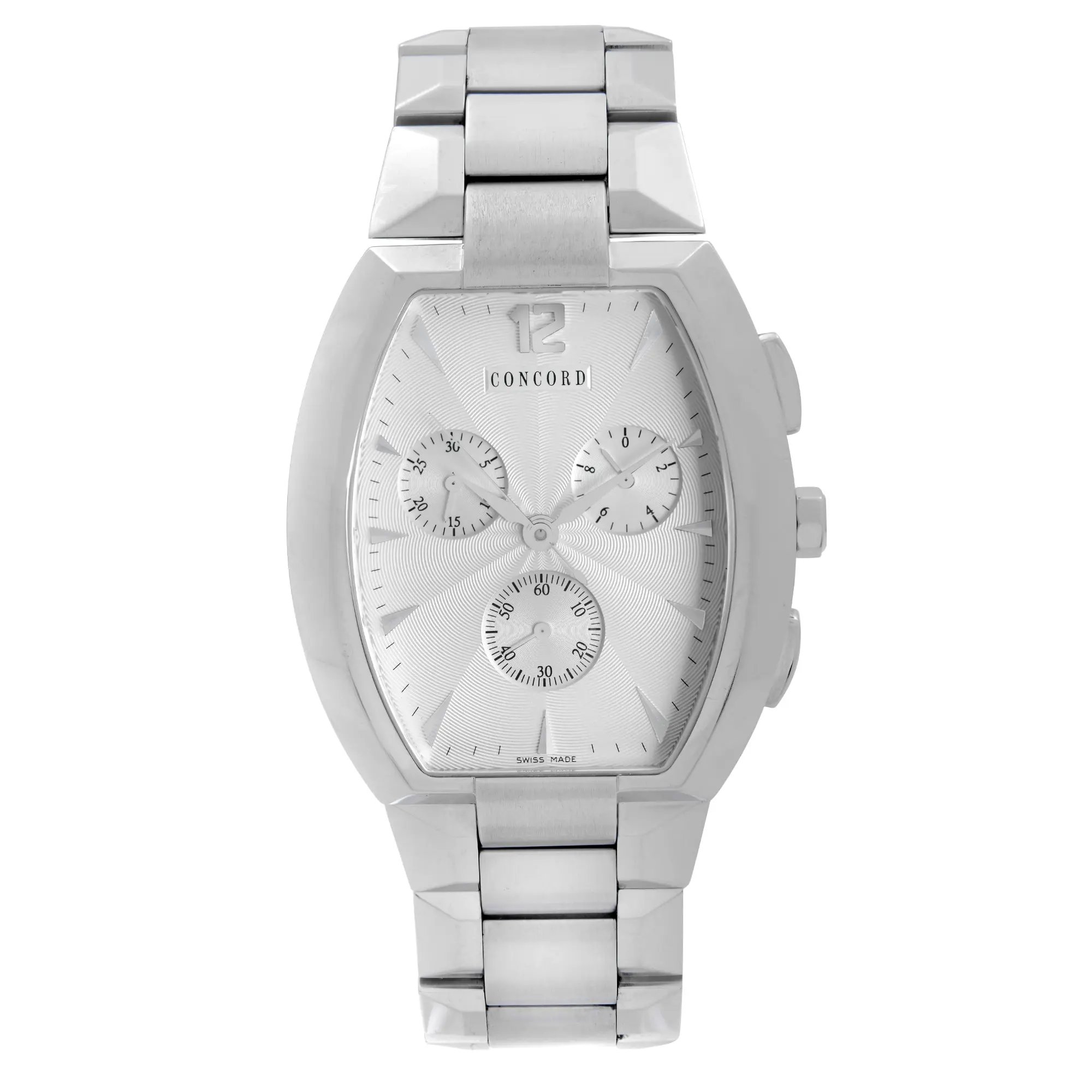 An image of a pre-owned wristwatch captured from a front full frontal view. The watch features a metallic strap and casing, with a silver dial displaying three subdials. The brand name is visible on the dial. The photo is taken at a close distance, showcasing the watch's details and condition.