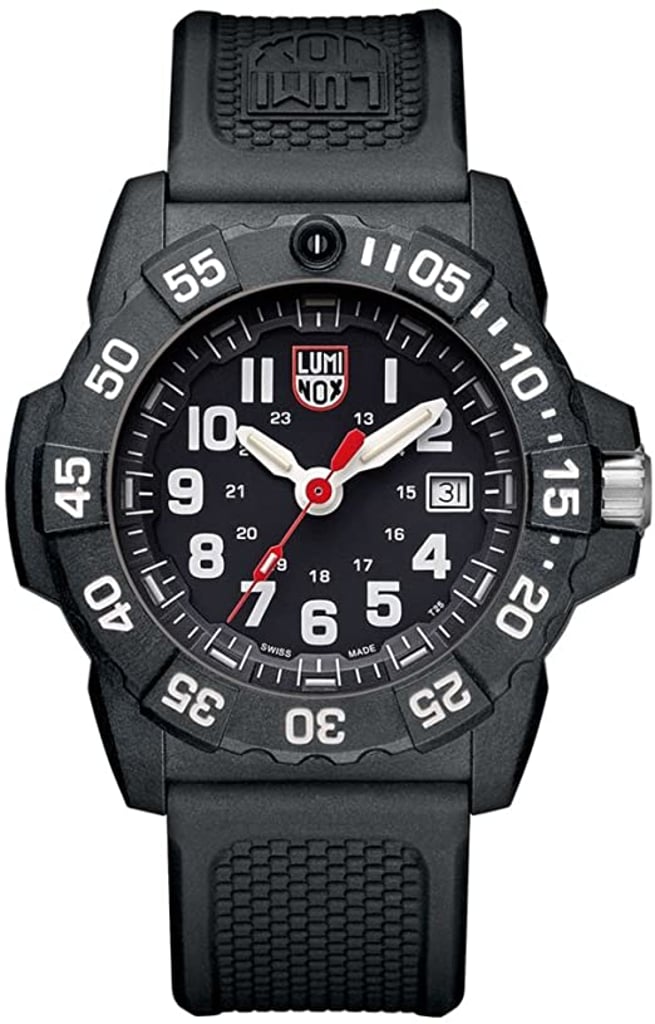 An image of a Wristwatch by Luminox. This Pre Owned item is designed for Men, featuring a Casual,Diver,Military style. It has a Quartz movement and an Analog display with a Black dial color. The indices include 12-Hour Dial,Arabic Numerals,Easy to Read/Large Numerals. The band is made of Rubber and the case is made of Carbon. The watch has a Round shape with a case size of 45 mm and a case thickness of 14 mm.