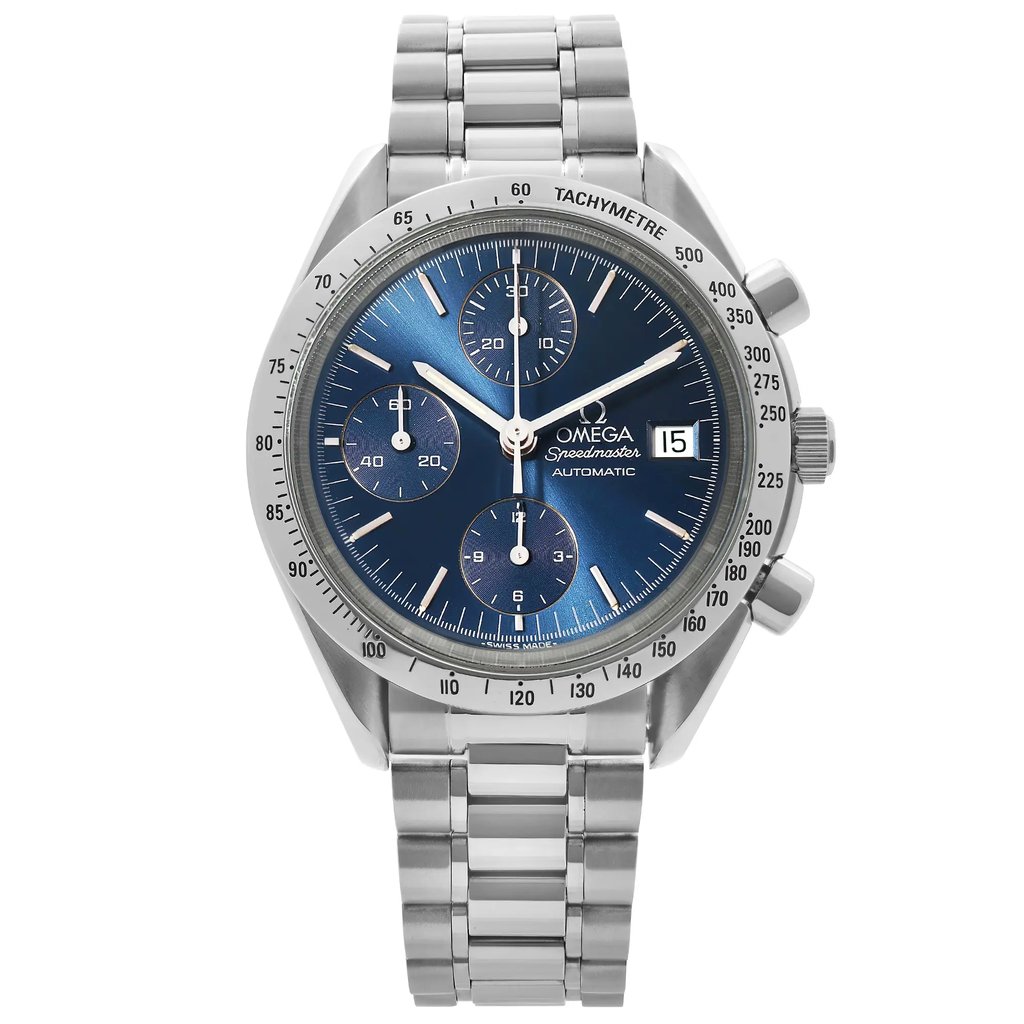 An image of a Wristwatch by OMEGA. This Pre Owned item is designed for Men, featuring a Sport style. It has a Mechanical (Automatic) movement and an Analog display with a Blue dial color. The indices include 12-Hour Dial,Multi Dial,Non-Numeric Hour Marks. The band is made of Stainless Steel and the case is made of Stainless Steel. The watch has a Round shape with a case size of 39 mm and a case thickness of 12 mm.