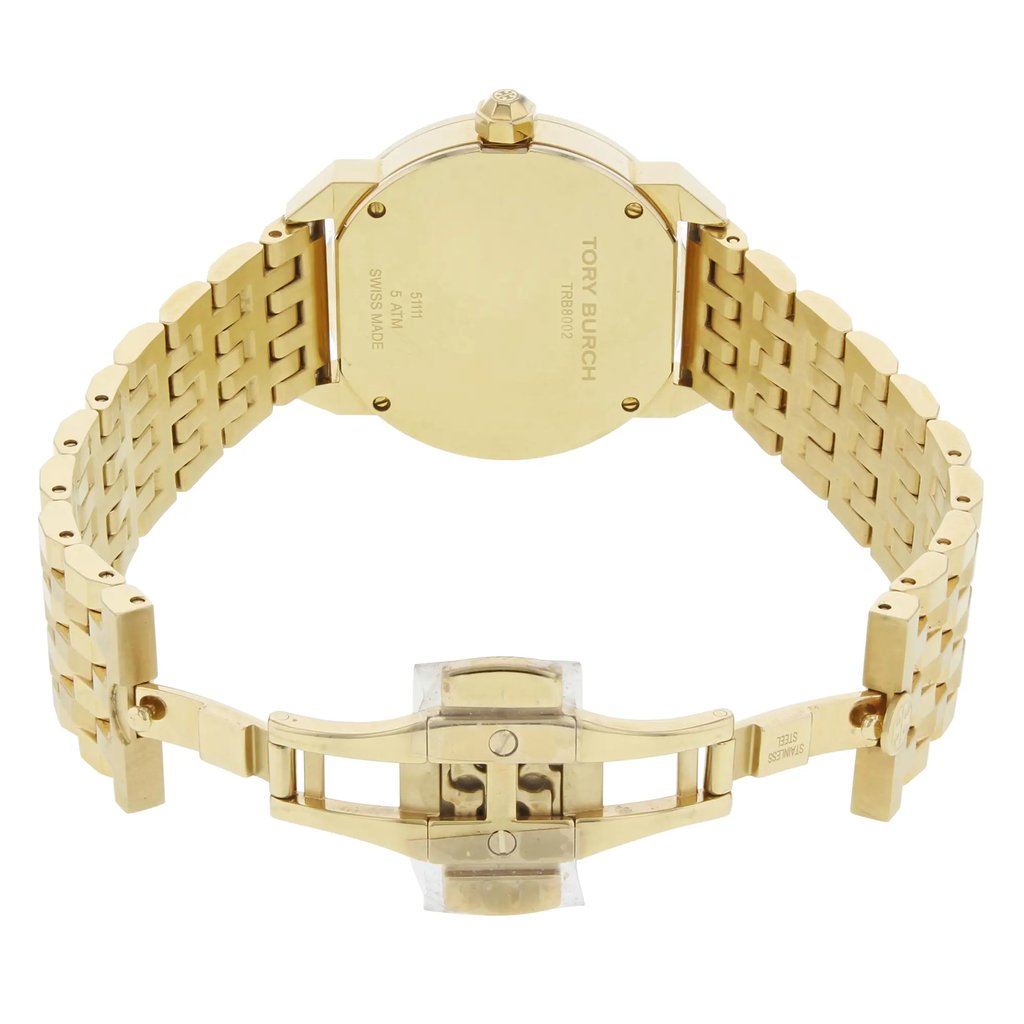 Back View Of Screwback Back Case And Open Stainless Steel Band Of Tory Burch TRB8002 Watch Pre Owned Condition
