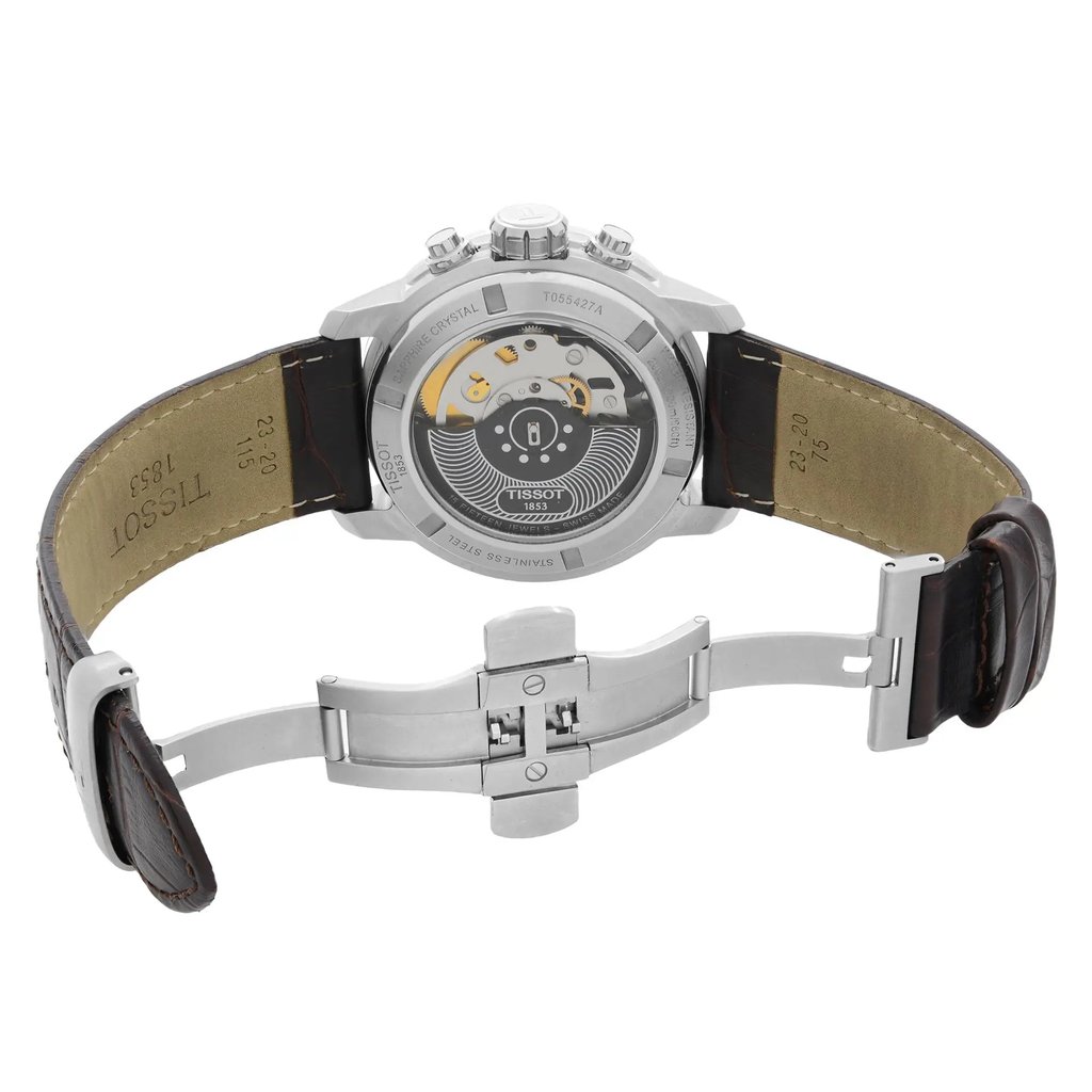 Back View Of Exhibition Back Case And Open Leather Band Of Tissot T055.427.16.017.00 Watch Unworn Condition