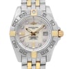 An image of a pre-owned Breitling women's luxury wristwatch, presented in a close-up frontal view highlighting the watch face. The watch features a round shape with a white mother of pearl dial pattern, diamond markers, and stick indexes. The bezel is made of steel and the band combines stainless steel with yellow gold. The Breitling logo and name are visible at the top of the dial, and the hands are in a gold tone. A date indicator is visible at the 3 o'clock position. The overall condition of the watch is classified as good, and the image is taken from a close distance, capturing the watch face and part of the band at a direct angle. The watch is pre-owned and may show minor signs of wear.