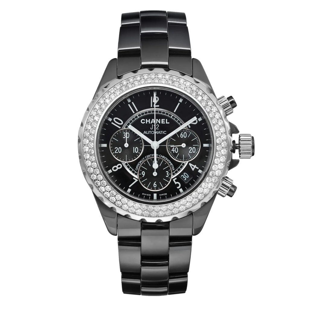An image of a pre-owned wristwatch taken from a front full frontal view. The watch features a polished black metal strap and a detailed black dial with multiple sub-dials. The bezel is adorned with sparkling stones, and the watch face displays clear white numerals and hands. The image is captured from a medium distance, showcasing the intricate details and design elements of the timepiece.