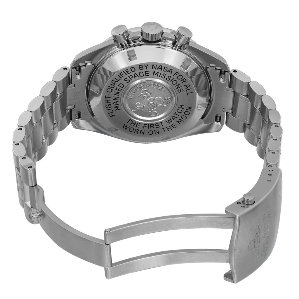 An image of a pre-owned wristwatch viewed from the back, showcasing the open clasp. The watch is positioned at a slight angle, capturing the full length of the metal bracelet and the engraved details on the case back. The photograph is taken from a close distance, highlighting the intricate design and text on the watch.