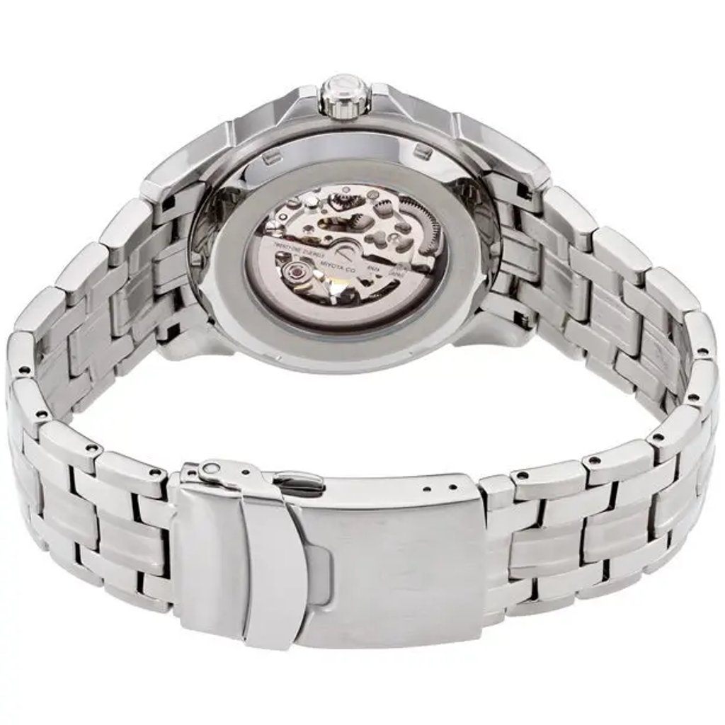 An image of a pre-owned Bulova men's wristwatch showing the back view with a closed clasp. The stainless steel caseback features an exhibition design that reveals the watch's intricate mechanism. The round watch is positioned such that the band forms a semi-circle at the bottom of the frame, with the fold-over clasp and flip lock safety visible in the foreground. The wristwatch is shot from a close distance and at a slightly elevated angle, emphasizing the watch's craftsmanship and the stainless steel band's links.