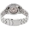 An image of a pre-owned Bulova men's wristwatch showing the back view with a closed clasp. The stainless steel caseback features an exhibition design that reveals the watch's intricate mechanism. The round watch is positioned such that the band forms a semi-circle at the bottom of the frame, with the fold-over clasp and flip lock safety visible in the foreground. The wristwatch is shot from a close distance and at a slightly elevated angle, emphasizing the watch's craftsmanship and the stainless steel band's links.