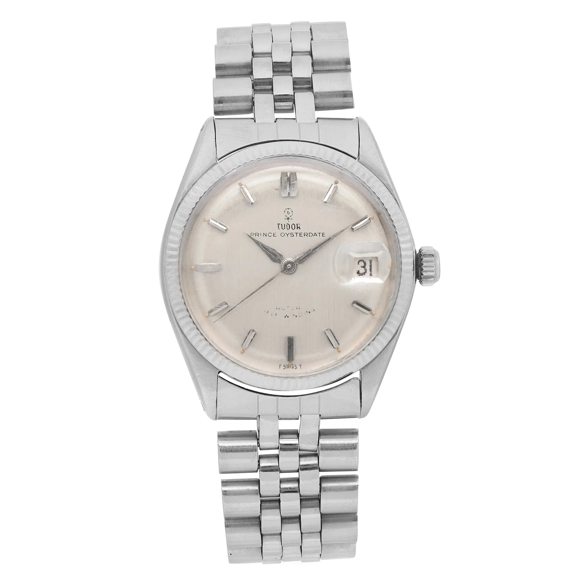 This image presents a close-up, straight-on view of a pre-owned Tudor Prince Oyster Date 34mm Vintage men's wristwatch. The watch features an aftermarket Speidel 14k white gold bracelet and a round face with a silver dial. A date indicator is located on the right side. There are visible scratches on the crystal. The brand name "Tudor" and the model "Prince Oysterdate" are clearly visible on the dial
 