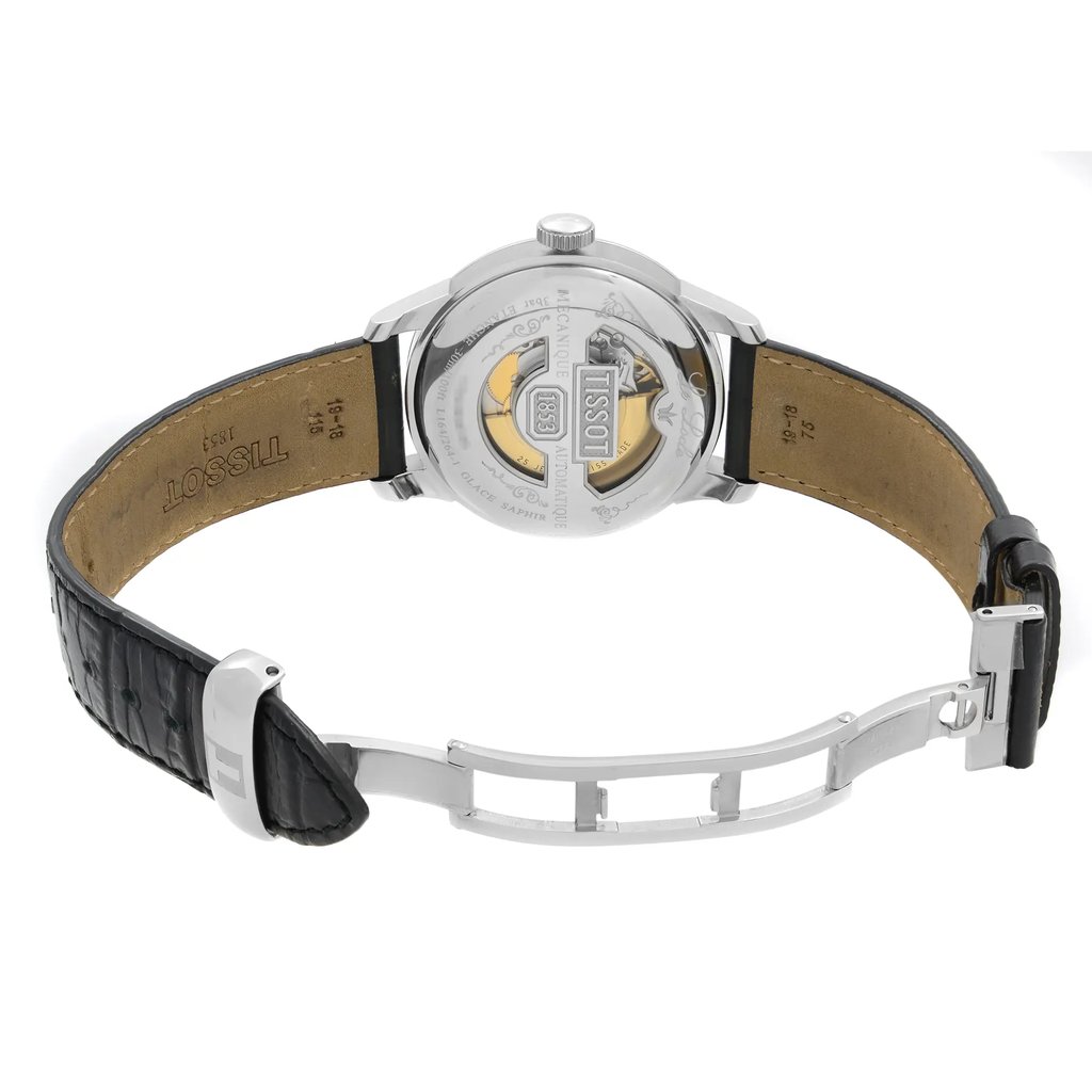 Back View Of Exhibition Back Case And Open Leather Band Of Tissot T41.1.423.33 Watch Pre Owned Condition